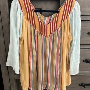 Sacred Threads Gold and Orange 3/4 Sleeve Blouse with Pleated Ruffled Bib Collar